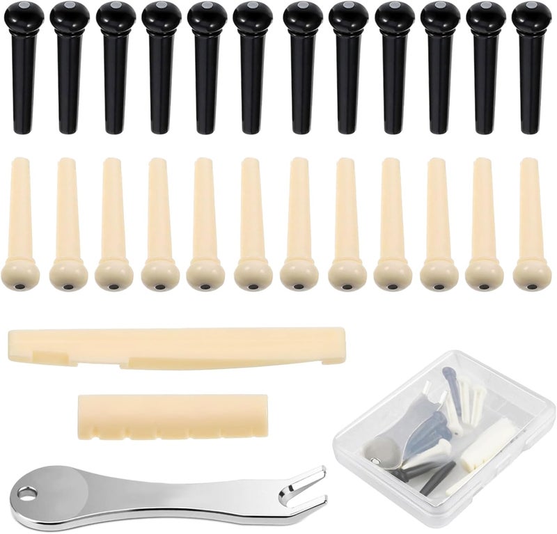 RUSON 24 Pcs Acoustic Guitar Bridge Pins with Bridge Pin Puller Remover & Guitar Bridge Saddle Nut, Guitar Pegs Replacement Parts and Accessories - Image 1